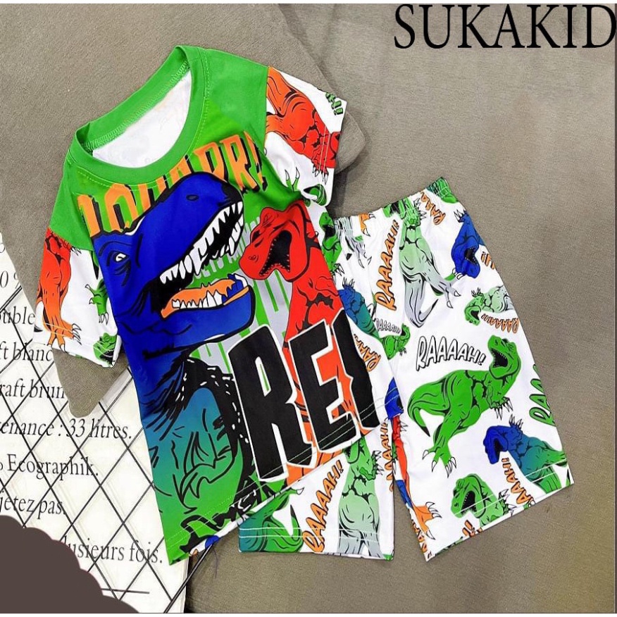 ( Chuyên sỉ lẻ Quần áo trẻ em ) Bộ đô bé trai in chuyển nhiệt 3D chất liệu thoáng mát co giãn 4 chiều hình khủng long xa