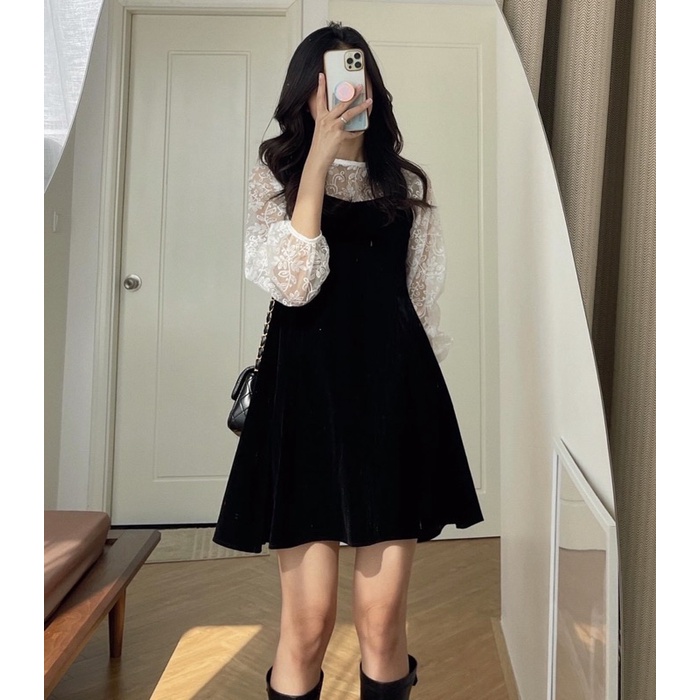 Set Váy Nhung Đen Mix Áo Ren