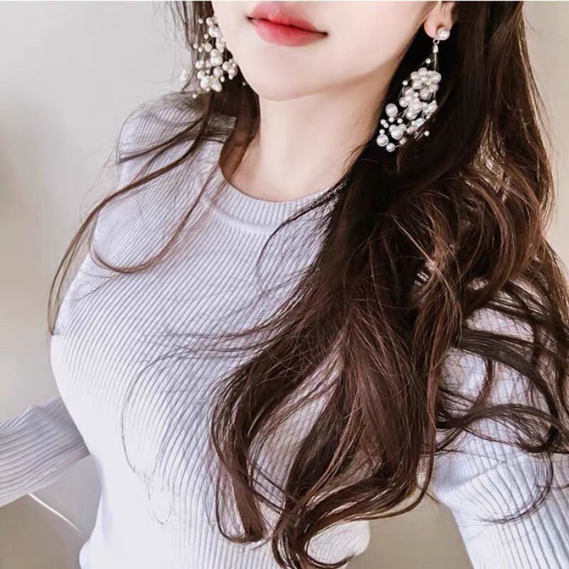 khuyên tai hoa tai ngọc trai nhân tạo tua rua dài phong cách Hàn Quốc sang chảnh