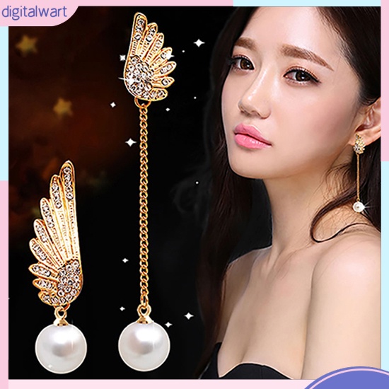 Khuyên tai bất đối xứng hình đôi cánh thiên thần đính hạt ngọc trai nhân tạo xinh xắn sang trọng cho nữ