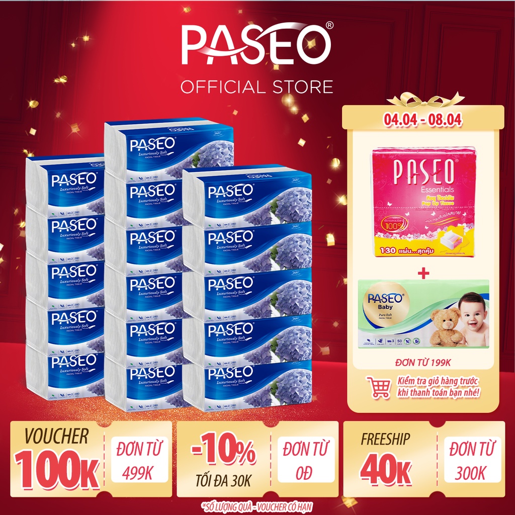 [Mã BMBAU50 giảm 7% đơn 150K] Combo 16 gói khăn giấy rút cao cấp Paseo siêu mềm mại (280 tờ 2 lớp)/gói