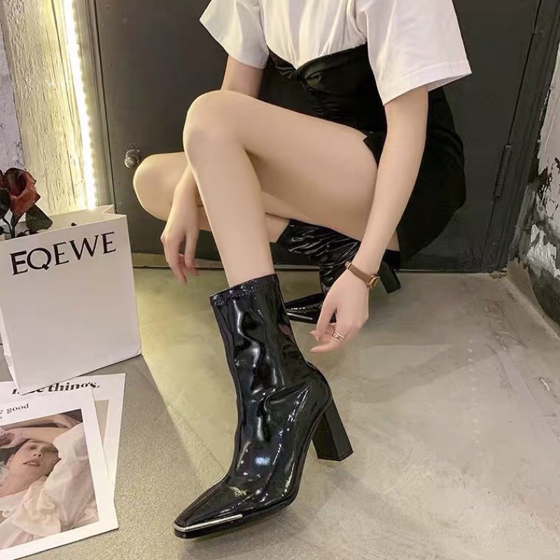 [Sẵn ảnh thật] Giày boots cao gót nữ gầy nhưng đến đầu gối mùa thu mới sáng chế da cao gót mũi vuông giữa ống mỏng