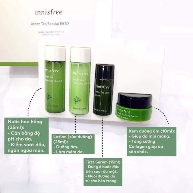 SET DƯỠNG DA INNISFREE GREEN TEA SPECIAL KIT- bộ kit Orchird 4 món innisfree 2020