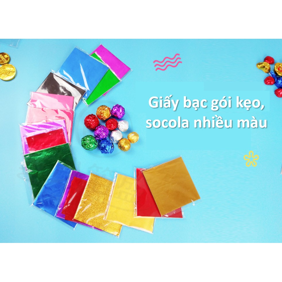 100 Giấy bạc bọc socola, kẹo 10x10cm, giấy gói kẹo, socola nhiều màu