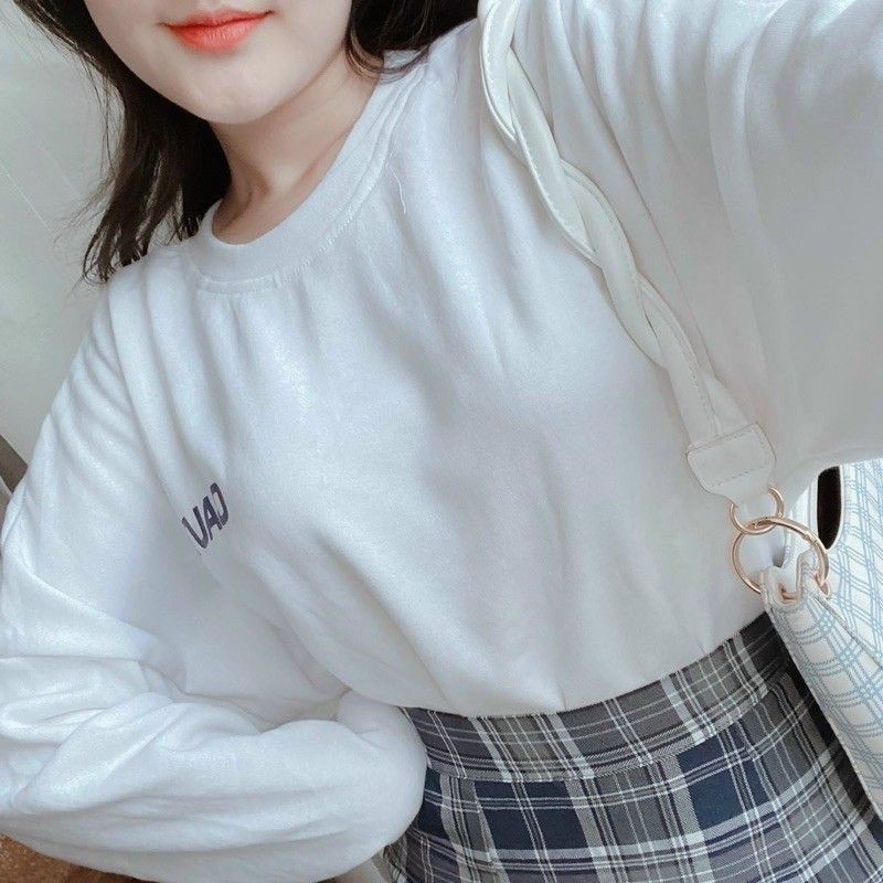 Set Áo Dài Tay Trắng Mix Chân a Váy Kẻ 💖FREESHIP💖Set In Chữ CAUTIO Mix Chân Váy Kẻ Caro Xanh | BigBuy360 - bigbuy360.vn