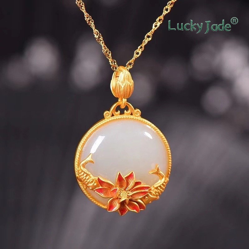 Vòng cổ Bạc Mặt Hình Hoa Sen Đính Ngọc Bích Trắng Phong Cách Trung Quốc