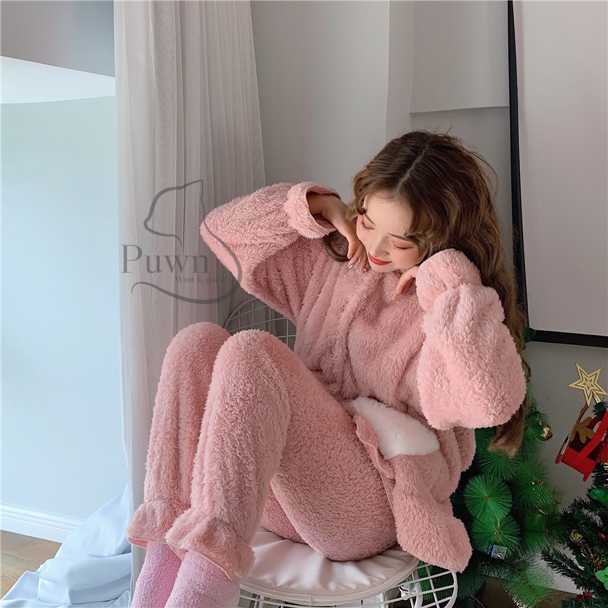 Bộ đồ thỏ mùa đông ấm áp xanh - hồng Puwn Shop