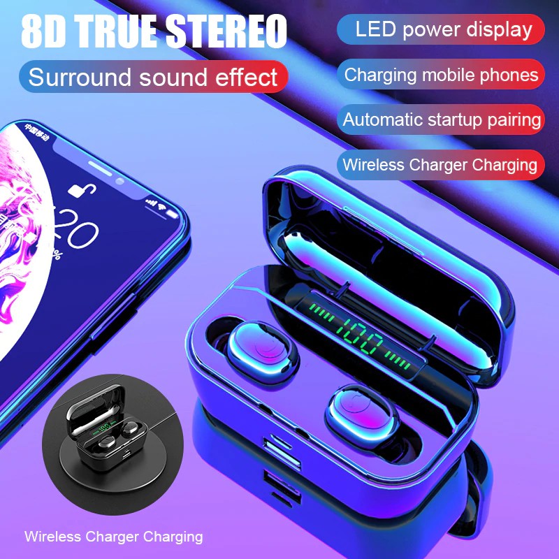 Tai nghe nhét tai không dây TWS Bluetooth V5.0 8D mini có micro và màn hình hiển thị cho âm thanh stereo sống động