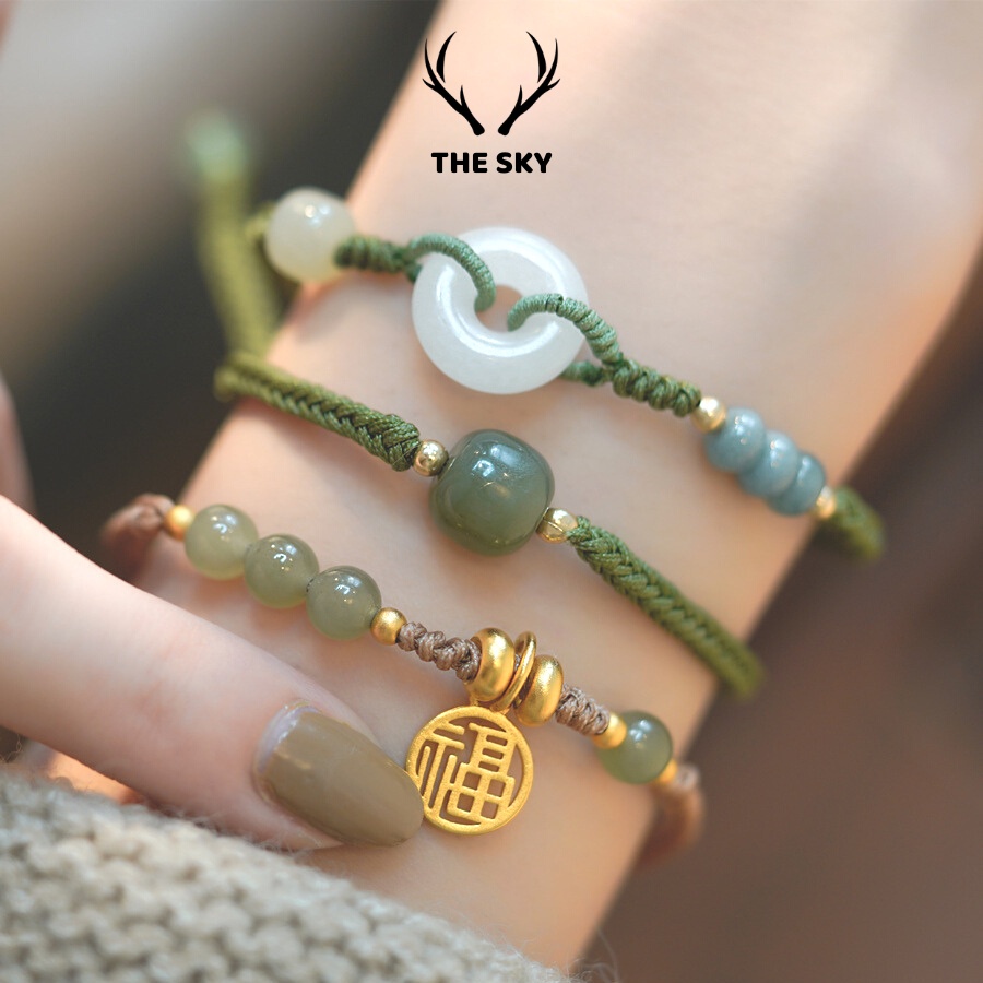 Vòng Tay Nữ THE SKY NB1020 Kèm Mặt Đá Xanh Sang Trọng, Combo lắc tay kèm mặt đá dây rút