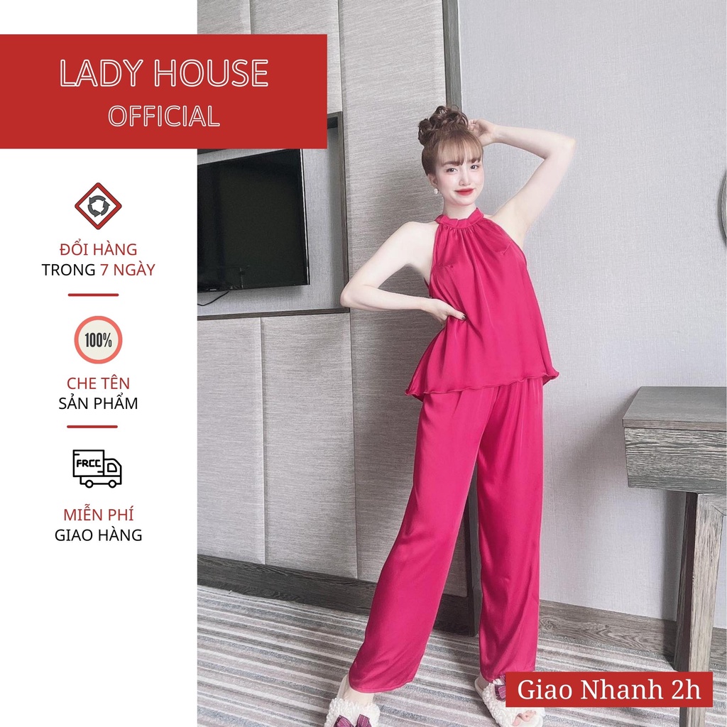 Bộ Mặc Nhà Nữ Lady House - Bộ Mặc Nhà Nữ Áo Cổ Yếm Quần Dài Chất Lụa Satin Màu Trơn Freesize Rộng Rãi Thoáng Mát.