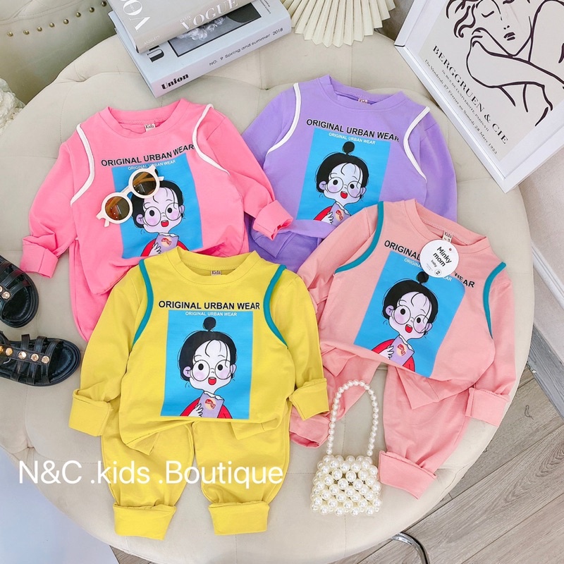 Bộ dài tay bé gái chạy viền phối cá tính Set đồ thu đông cho bé mặc nhà, đi chơi 1 2 3 4 5 6 tuổi