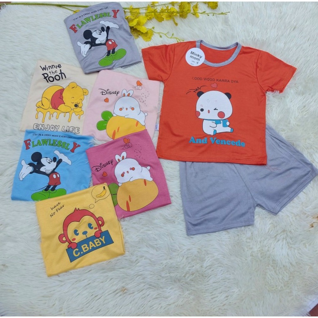 Bộ Cộc Tay THUN LẠNH MINKY MOM phối tay In Hình quần trơn cho bé