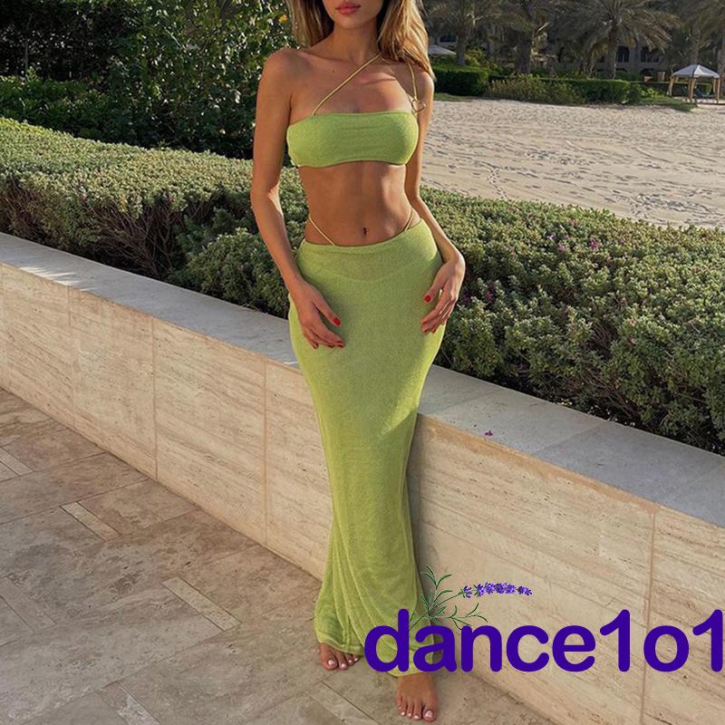 ✪MX❈Women Solid Color Sleeveless Tube Tops+Elastic Long Skirt