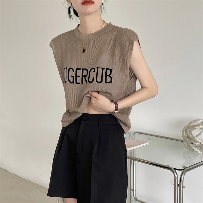 Áo Xiaozhainv dệt kim mỏng không tay dáng rộng in chữ 3 màu lựa chọn thời trang mùa hè cho nữ