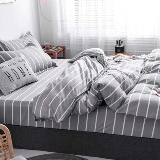 Bộ Drap & Chăn Phao Cotton Poly Kẻ Sọc Xám