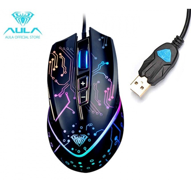 Chuột máy tính có dây gaming siêu ngầu siêu đẹp siêu xịn AULA 9010 màu đen có đèn LED cổng USB