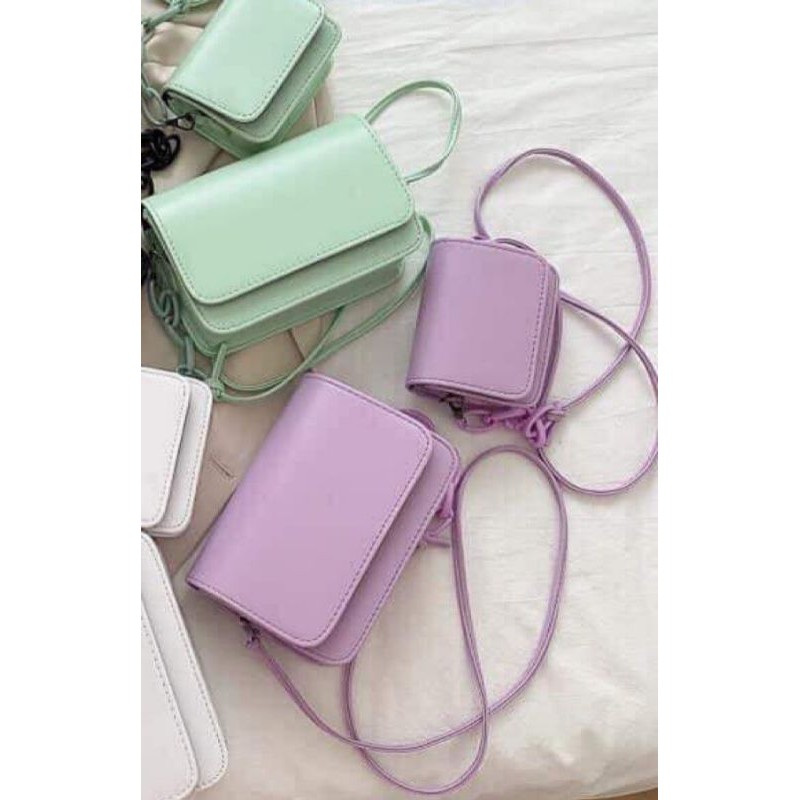 Túi đeo chéo Ulzzang Hàn Quốc chất da mềm màu trơn xanh mint, tím, trắng