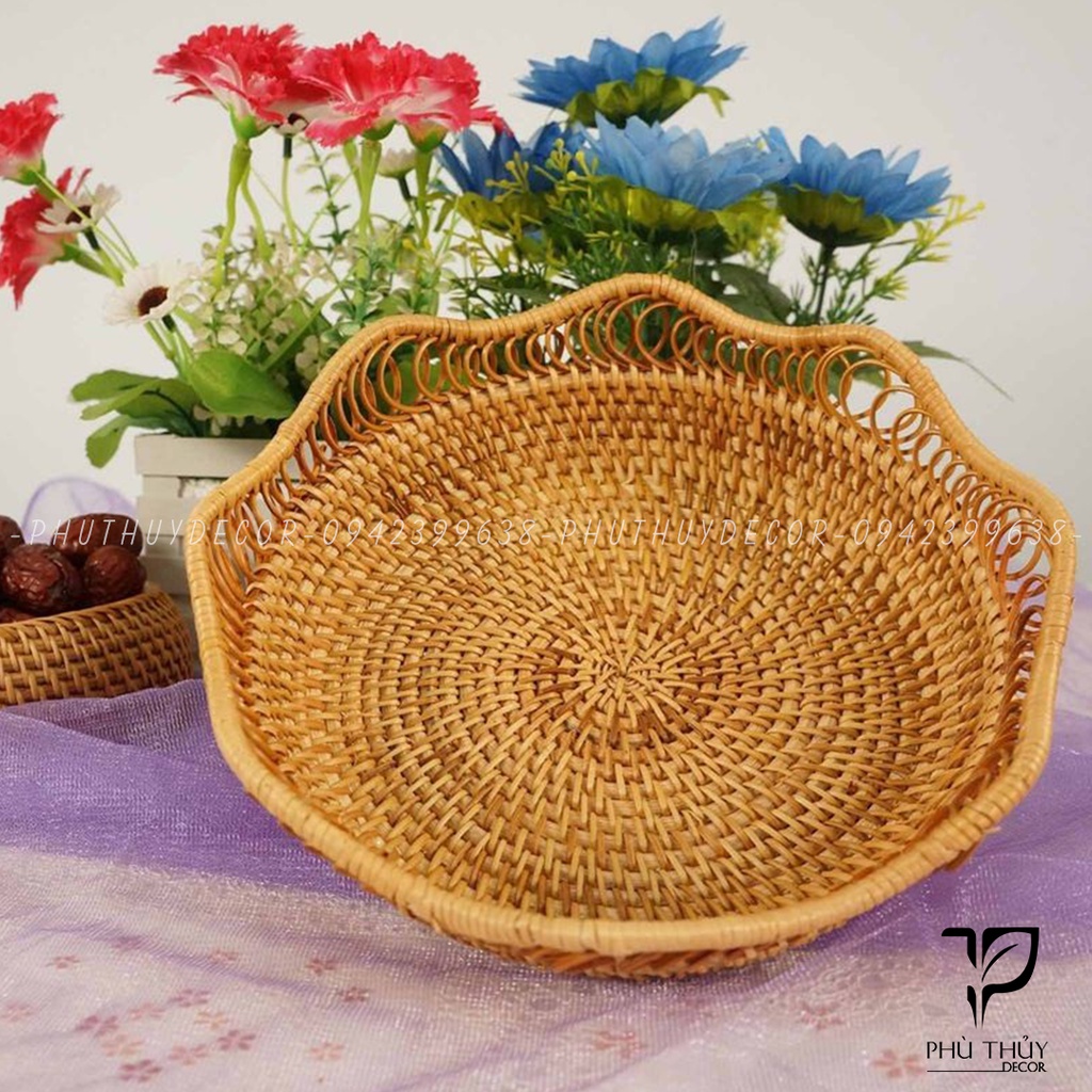 Khay mây, giỏ mây viền sóng lượn, đĩa mây decor, đựng hoa quả, bánh kẹo