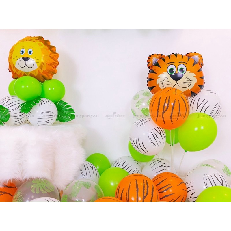 Set 10 bóng họa tiết da báo, hổ vằn, chó đốm, bò sữa, ngựa vằn trang trí sinh nhật chủ đề rừng xanh, động vật