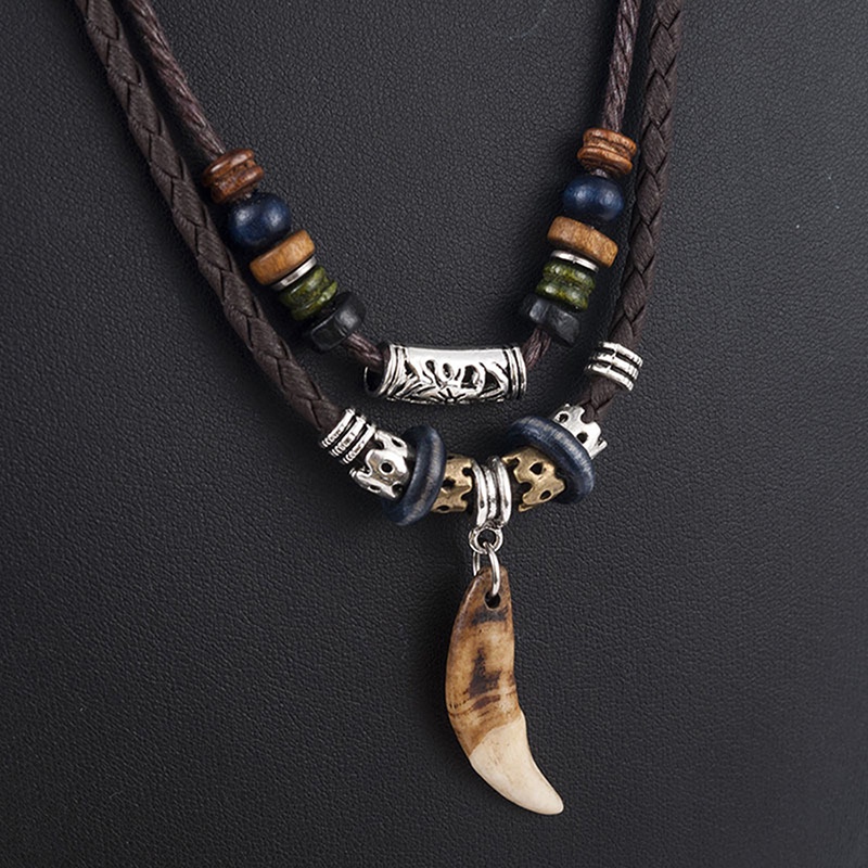 Vòng Cổ Dây Da Mặt Răng Sói Phong Cách Bohemian Dành Cho Nam Nữ
