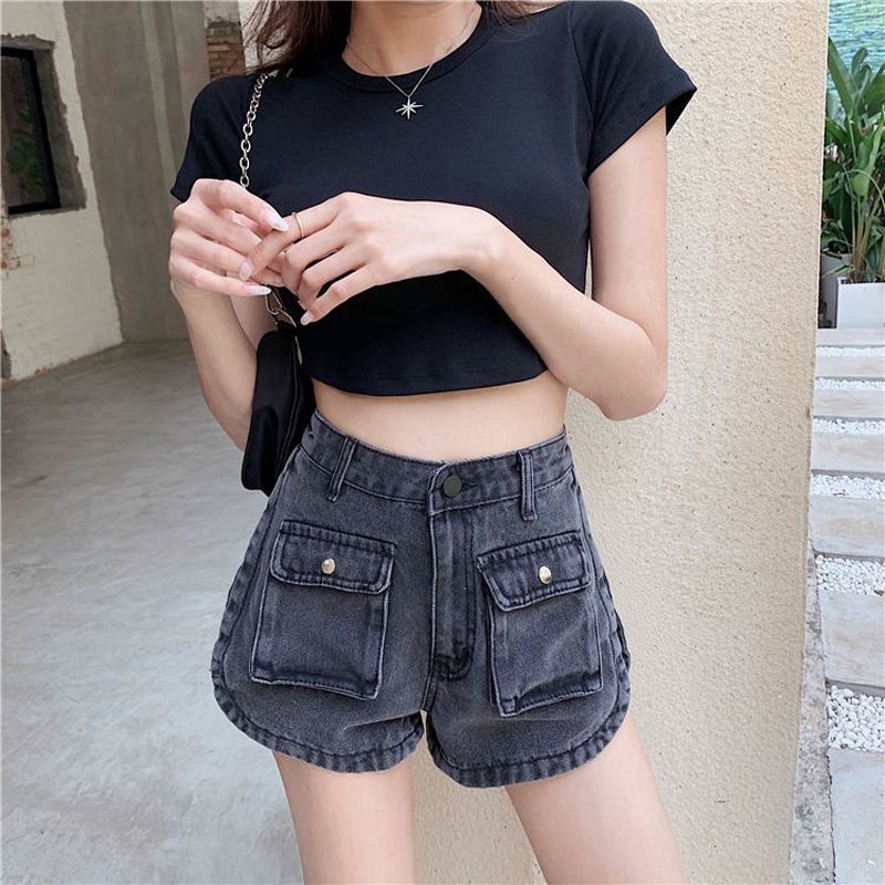 Jiashucheng Quần Short Denim Lưng Cao Ống Rộng Phối Túi Lớn Thời Trang Mùa Hè Mới Cho Nữ
