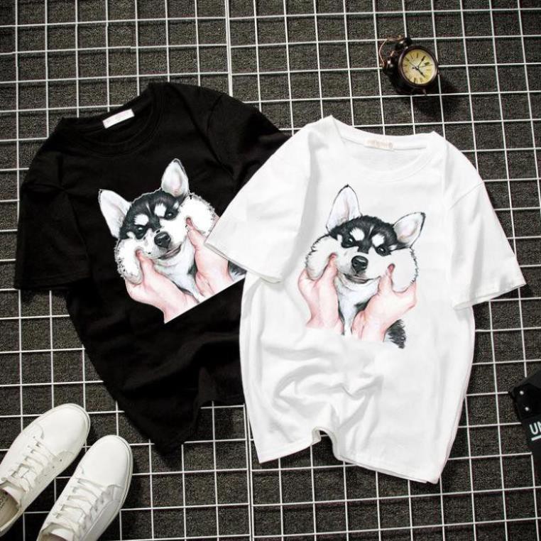 Áo thun unisex form rộng cún con đáng yêu vải dày mịn 2019T1713