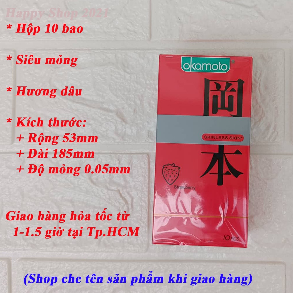 Bao cao su Okamoto Skinless Skin Strawberry hương dâu siêu mỏng hộp 10 bao