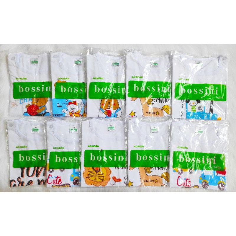 Bộ THUN COTTON BOSSINI LOẠI 1, mẫu trắng ngắn tay nhiều hình ngộ nghĩnh cho bé từ 12-16kg