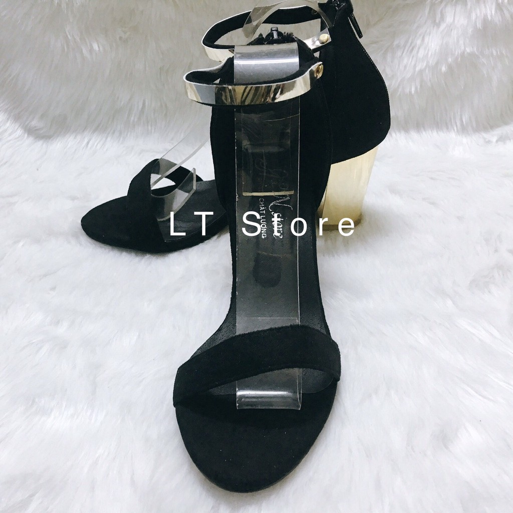 Giày cao gót 7cm quai ngang đen gót đồng dây kéo (có ảnh thật)
