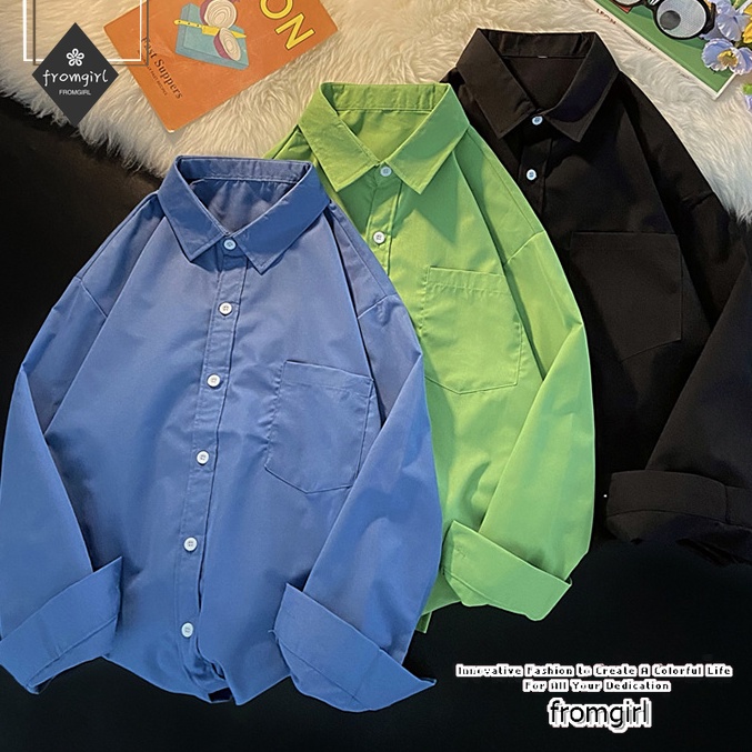 Áo Sơ Mi Dáng Rộng Màu Xanh Lá Với Tay Dài Thời Trang Hàn Quốc