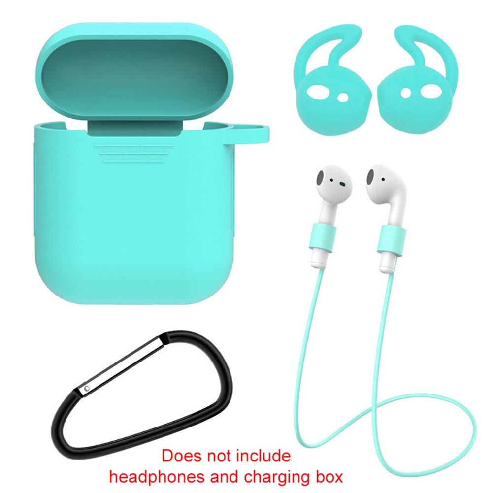 Bộ 4 món vỏ nhựa bọc hộp đựng tai nghe bluetooth+núm gắn tai+móc khóa+dây đeo chống mất cho Airpods
