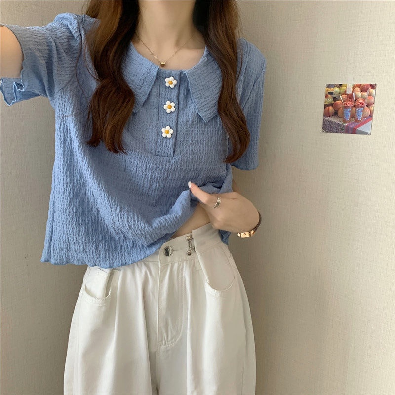 Áo Ngắn Tay Cổ Búp Bê Họa Tiết Hoa Xinh Xắn