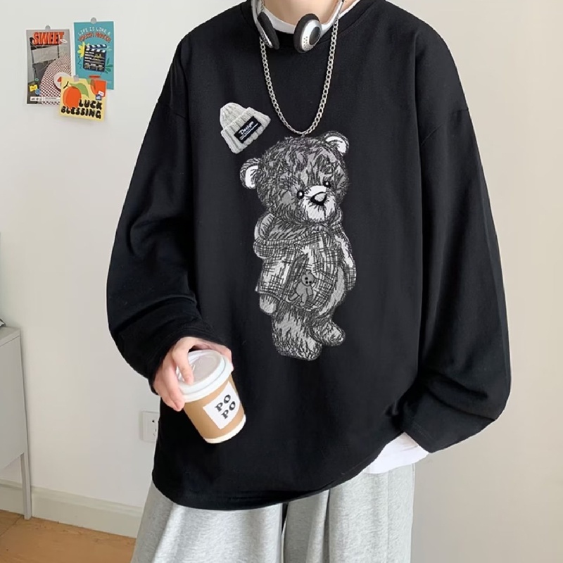 Áo Thun Tay Dài Dáng Rộng In Họa Tiết Gấu Hoạt Hình Thoải Mái Thời Trang Cho Nam Và Nữ size M-5XL