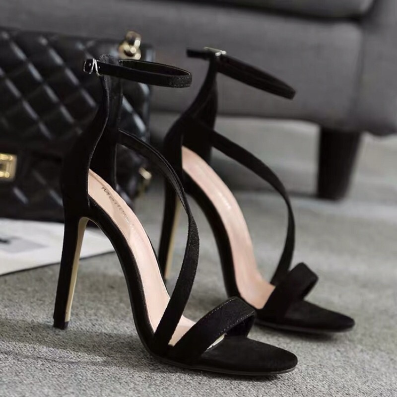 Giày sandal cao gót kiểu dáng quai chéo mũi tròn chất liệu da lộn 2 màu linkshoesTT36