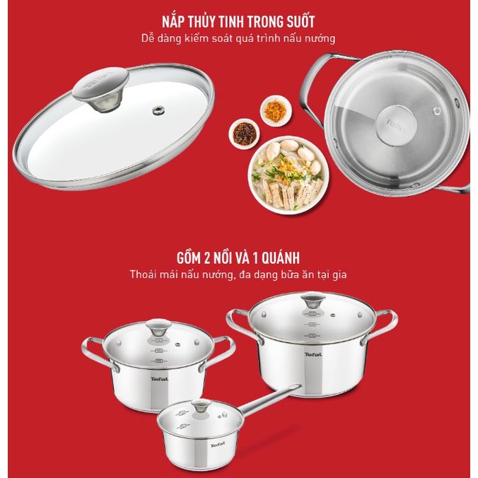 Bộ 3 nồi inox 304 chống dính đáy từ Tefal Simpleo 3 cái 16cm 20cm 24cm cho mọi loại bếp B9052395 B907S644 B9054495