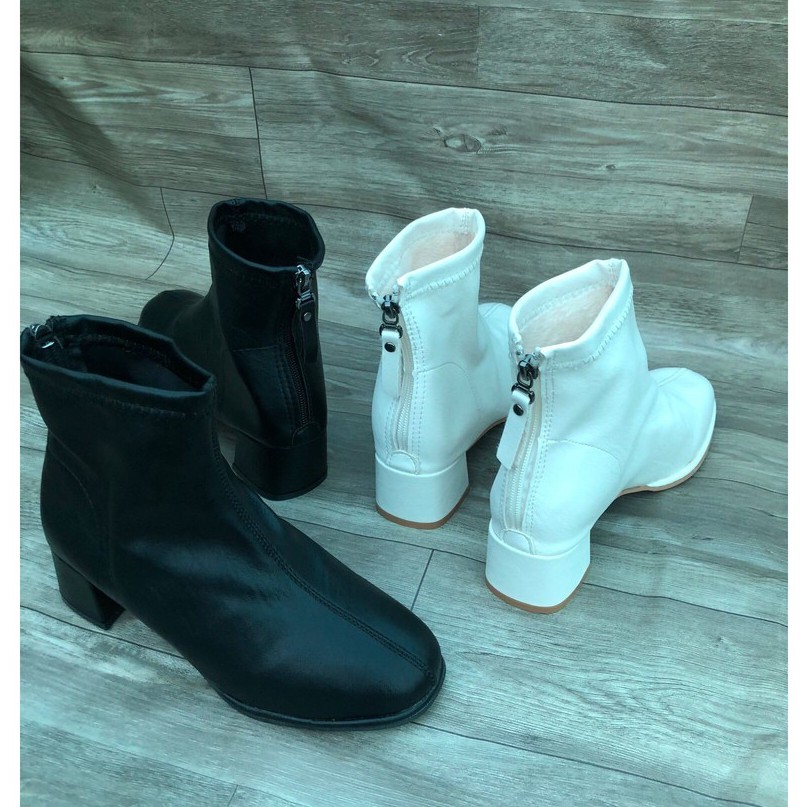 Bốt Nữ Hàn Quốc Giày Boot Nữ Công Sở Gót Vuông 7 phân Khóa Sau Da Sần và Da Lì (Dây dài)