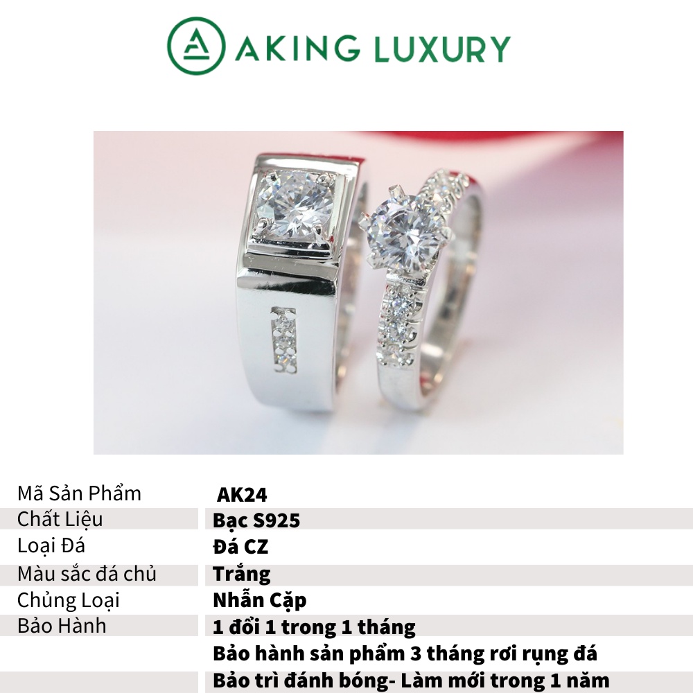 Nhẫn cặp AKING LUXURY AK24 cao cấp, Nhẫn bạc nam đính đá sang trọng, nhẫn bạc nữ đính đá phong cách quyến rũ, sang trọng