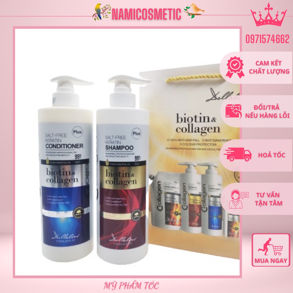 Cặp Dầu Gôi Biotin Collagen Dellalove 850Ml Cao Cấp Siêu Phục Hồi Tóc, Kích Thích Mọc Tóc Hàng Chính Hãng NAMI