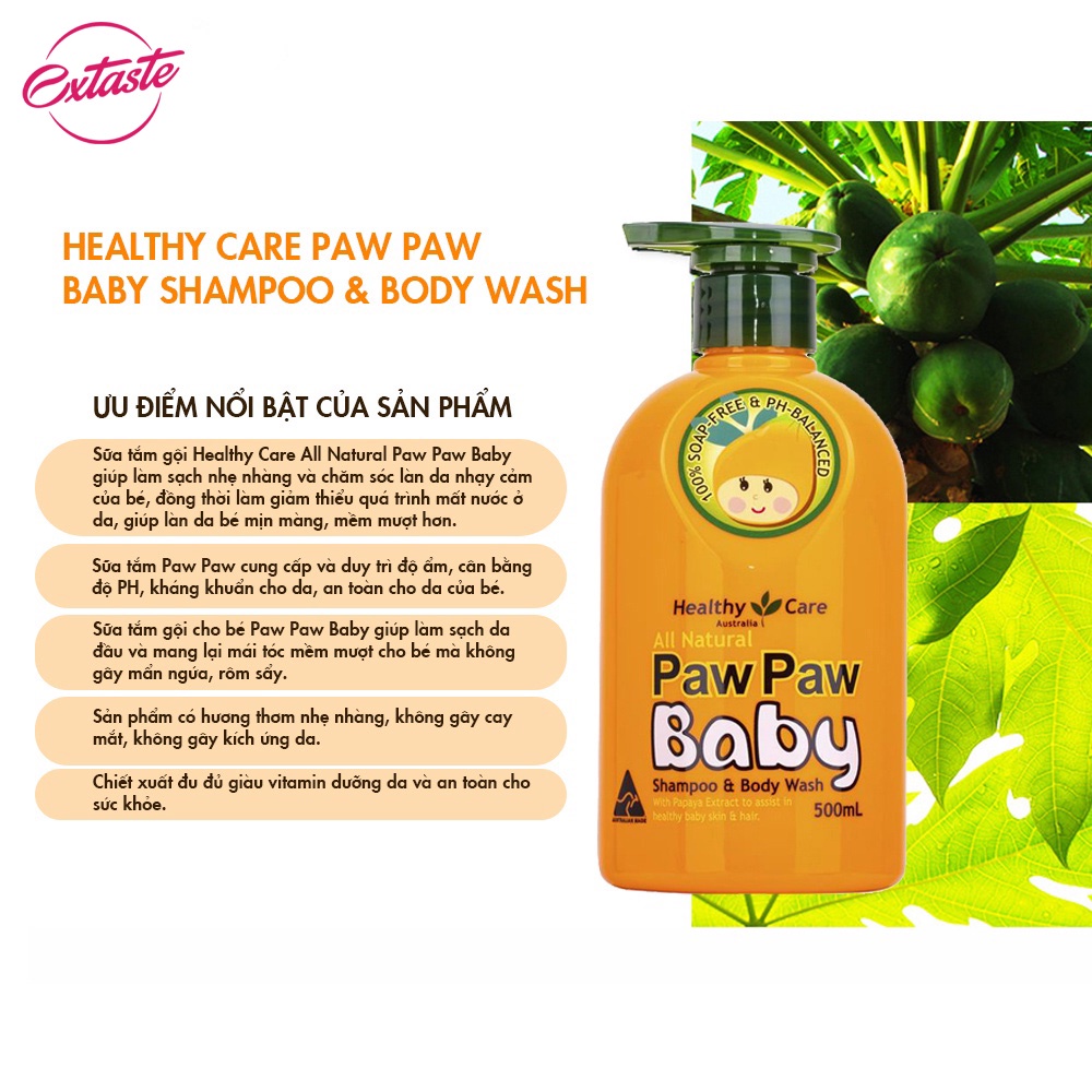 Sữa tắm gội 2 trong 1 Healthy Care Paw Paw Baby từ đu đủ an toàn cho bé 500ml