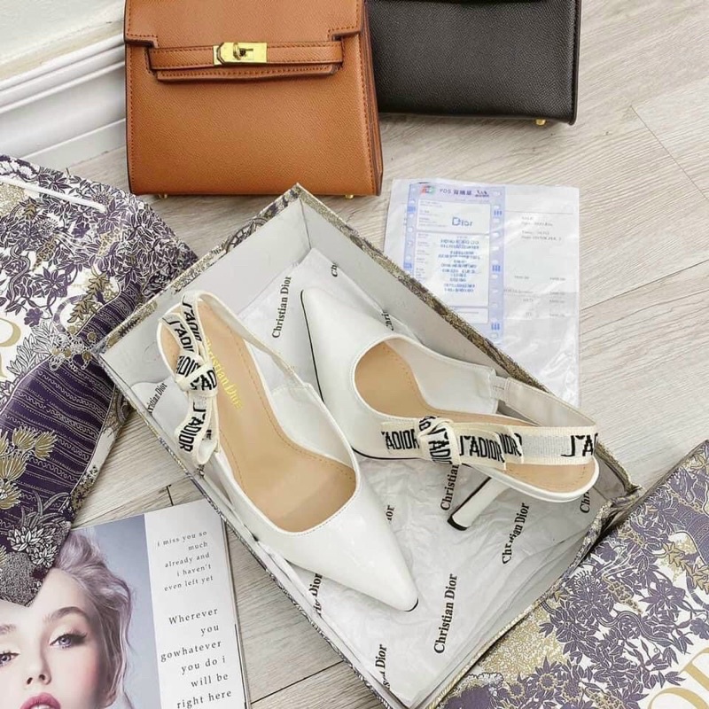 Cao gót trắng da bóng nơ chữ gót nhọn cao cấp