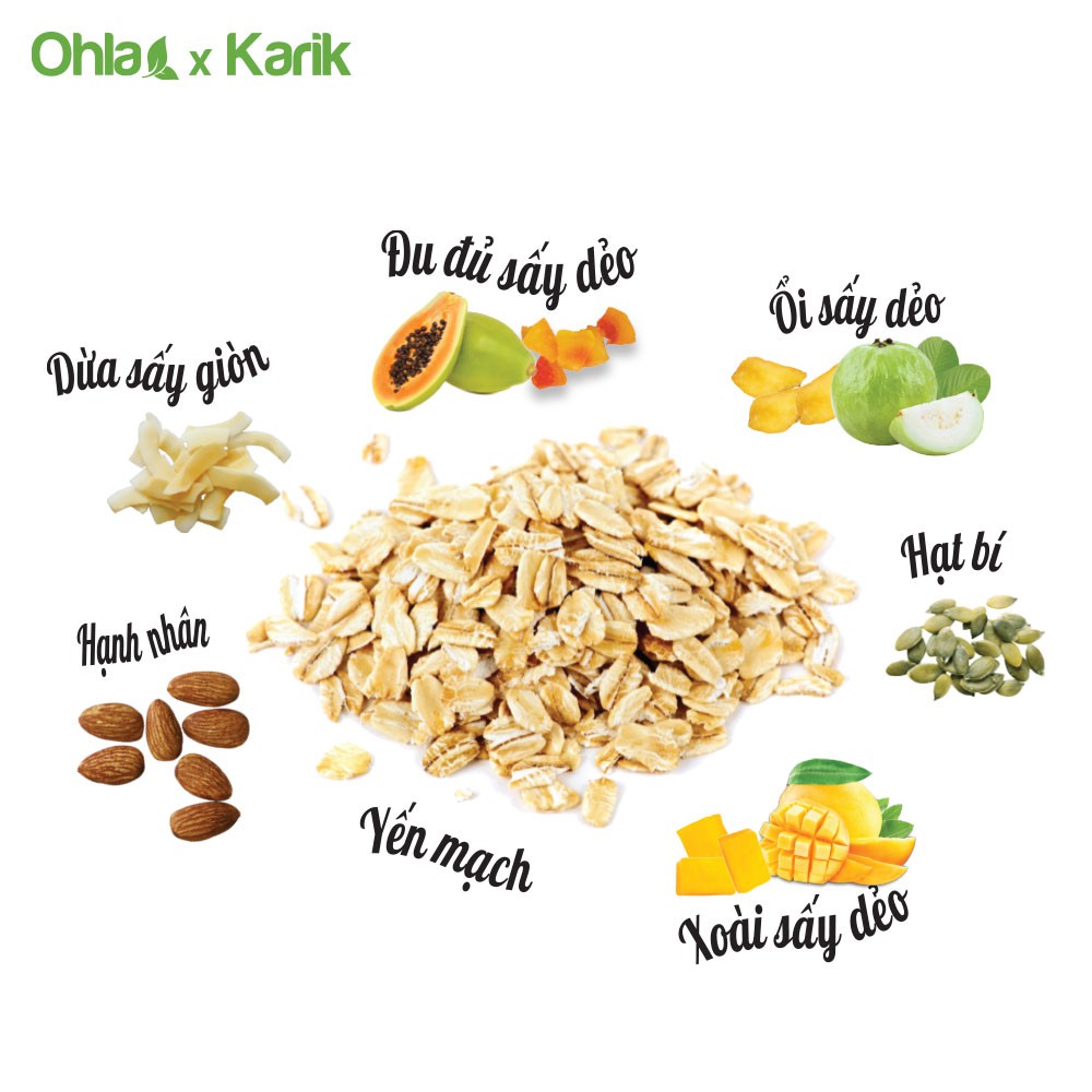 Ngũ cốc dinh dưỡng ăn sáng Oatmeal Karik x Ohla yến mạch, hạnh nhân, trái cây sấy dẻo 60g và 180g