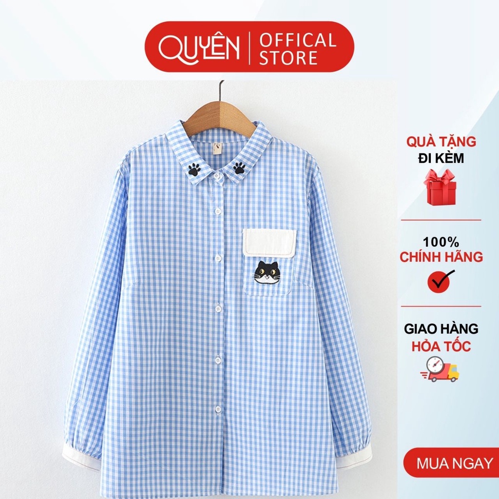 Áo sơ mi công sở nữ thêu hình mèo xinh xắn QUYÊN FASHIO AA553, áo kẻ xanh, đen thanh lịch