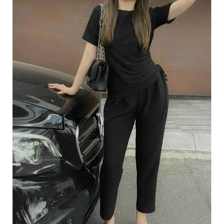 Set Bộ Áo Thun Rút Dây Bên Eo Và Quần Dài