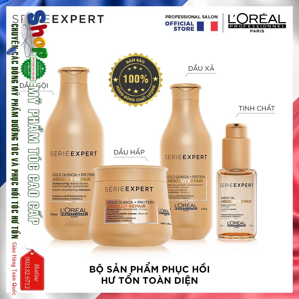 [L'oreal-chính hãng] Dầu xả tóc phục hồi 3 tác động Gold Quinoa+Protein  Absolut Repair Conditioner L'oreal 200ml