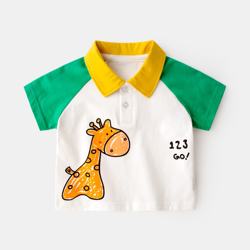 Áo polo Tay Ngắn In Hoạt Hình Khủng Long Hươu Cao Cổ Thời Trang Mùa Hè Hàn Quốc Dành Cho Bé Trai 2023