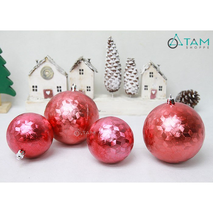 Set 4 trái châu Noel họa tiết 3D hình thoi NOEL-TRCH-03 màu đỏ