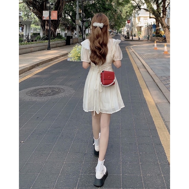 VÁY TƠ PHỐI BÈO DÁNG XOÈ HAI LỚP THẮT NƠ EO LƯNG VTBDPB