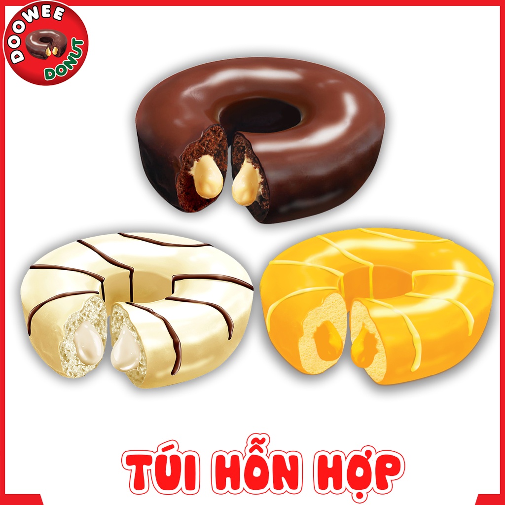Bánh bông lan - Doowee Donut - Túi hỗn hợp 3 vị II - Combo 2 túi -  Túi 12 cái/ 360 Gram