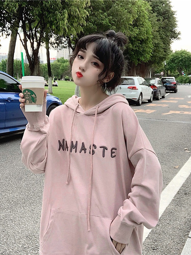 Áo hoodie nữ form rộng dài chữ thêu màu đen trắng hồng vải nỉ da cá giá rẻ  BST ao thu đông unisex Ulzzang 2020