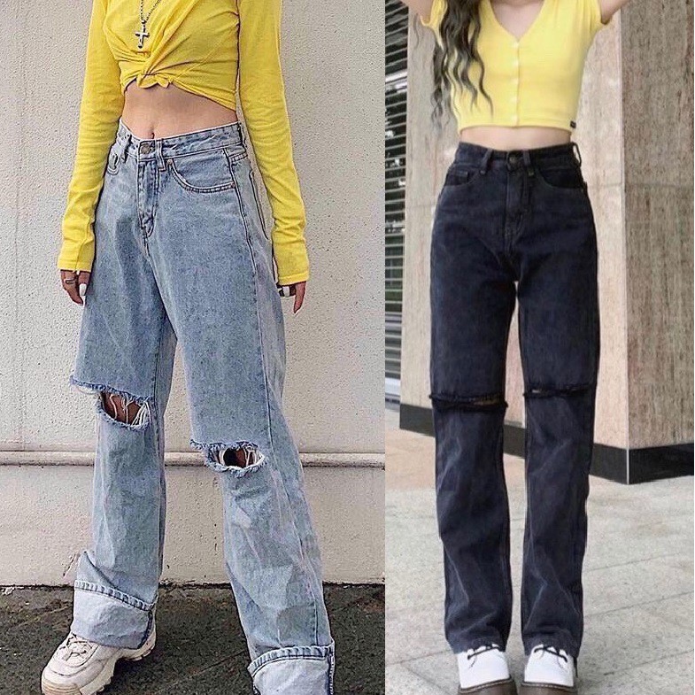 QUẦN JEAN DÀI ỐNG RỘNG LƯNG CAO RÁCH - QUẦN BÒ NỮ CULOTTES SUÔNG N - T 38